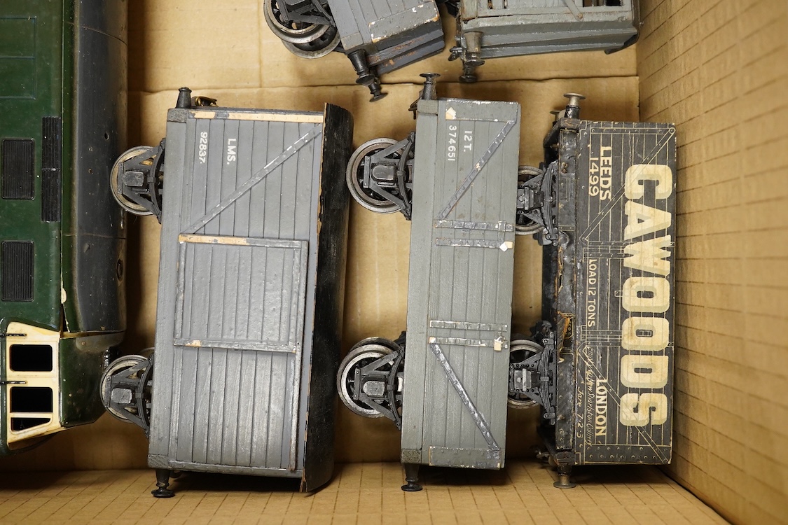 Seven 0 gauge coarse scale LMS and a private owner’s freight wagons, mainly of wood construction, together with the remains of a Tri-ang Big Big Train Class 35 Hymek diesel locomotive (8)